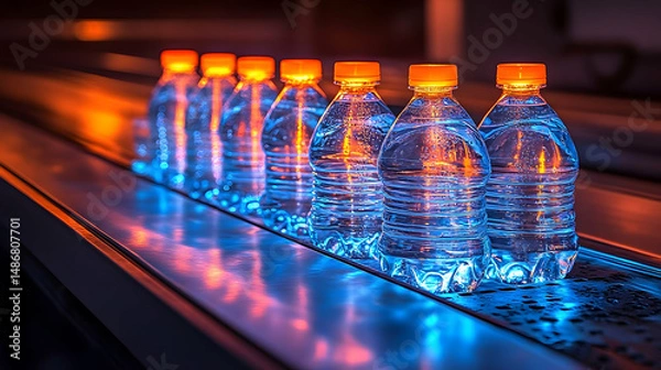 Fototapeta Water bottles on conveyor belt production line industrial manufacturing
