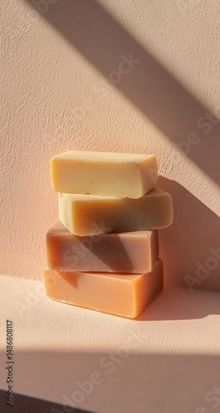 Fototapeta Stacked bars of pastel-colored soaps