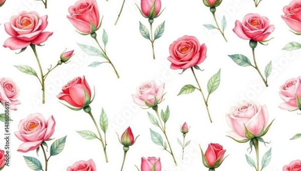 Fototapeta Delicate watercolor rosebuds, repeating pattern on white , spring, red, pattern