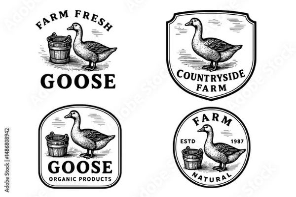 Fototapeta Vintage engraved emblems showcasing a goose in varied designs celebrating farm freshness and countryside charm