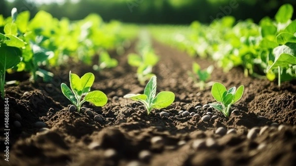 Fototapeta Vibrant Green Shoots Emerging from Rich Soil: A Glimpse into Agricultural Growth and Renewal