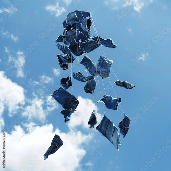 Fototapeta A collection of unique, ripped denim jeans appears to be falling or floating against a clear blue sky with scattered clouds.