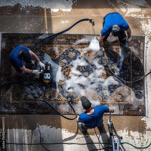 Fototapeta Three people in protective gear clean an antique carpet using a hose and machine in a shed with an asphalt floor.