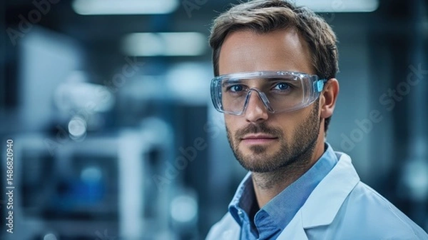 Fototapeta This portrait features a determined European man in a laboratory setting. He wears goggles and a white coat, showcasing focus and professionalism as he engages in scientific research.