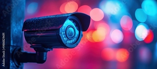 Fototapeta Wet security camera at night with bokeh lights.