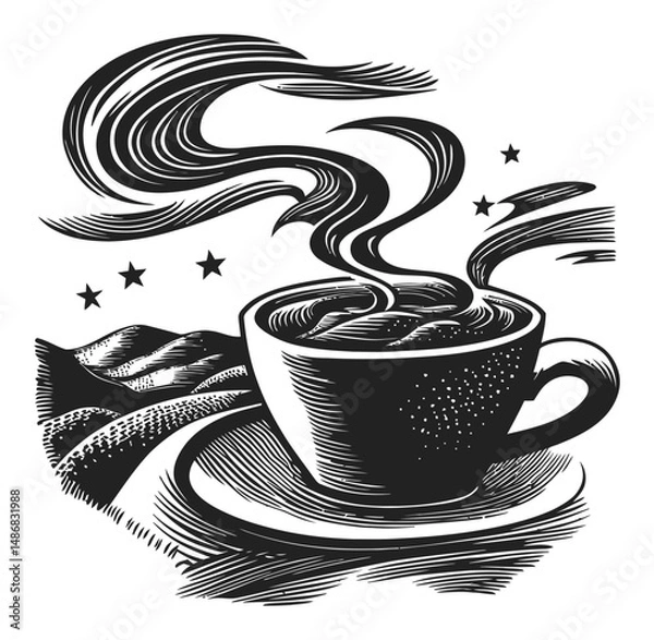Fototapeta Artistic Vector Drawing of a Coffee Cup with Steam and Stars