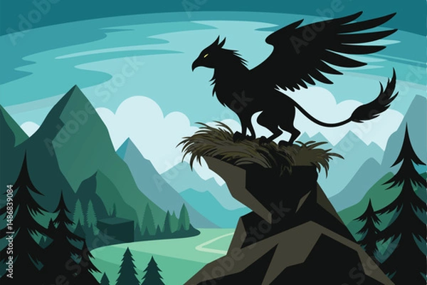 Obraz Silhouette of a Majestic Griffin Defending Its Aerie on Sky-High Cliffs