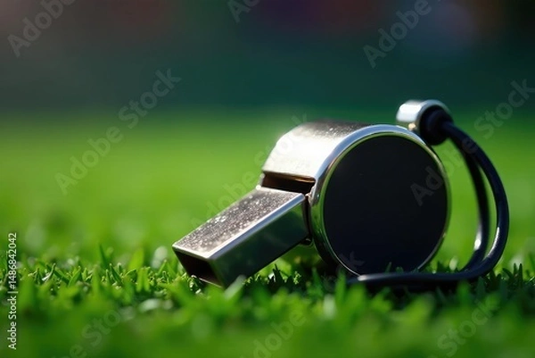 Fototapeta Close-up of a referee's whistle, ready to blow Shiny metal, black cord , start, decision, officiating