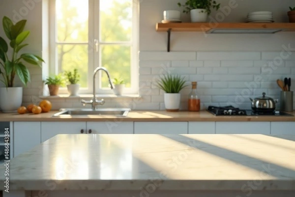 Fototapeta A sparkling clean kitchen counter, sunlight streaming in , countertop cleaning, neat
