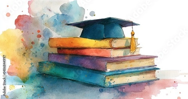 Obraz A graduation cap sits atop two stacked books, featuring vibrant colors in a watercolor style, symbolizing education and achievement. High quality