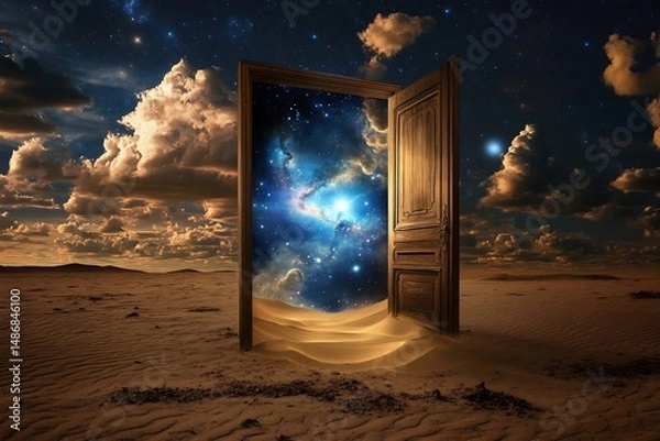 Fototapeta Mystical doorway a desert opening to the multiverse sand lifting into galaxies as dimensions align featuring surreal fantasy