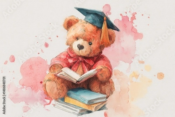 Obraz Watercolor illustration of teddy bear with book and graduation cap, perfect for graduation celebrations. High quality
