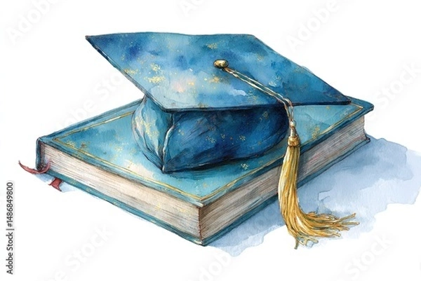 Obraz Graduation hat and book on a white isolated background, watercolor illustration. High quality