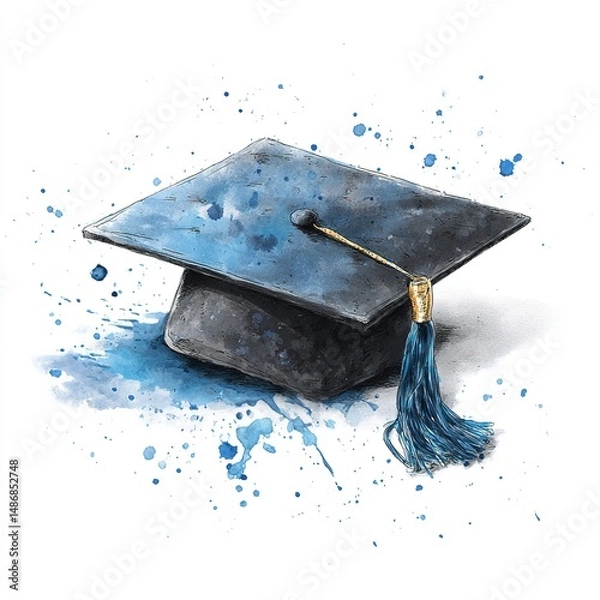Obraz Graduate cap watercolor illustration with watercolor splashes. isolated on white background. High quality