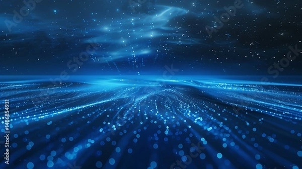 Fototapeta Abstract Digital Blue Landscape With Glowing Particles and Starry Sky