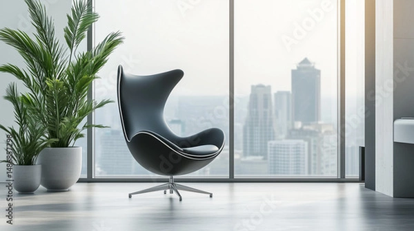 Fototapeta A solitary chair in a modern workspace, embodying simplicity and focus in a clean, minimalist design.