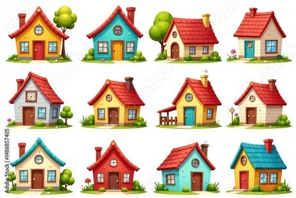 Fototapeta Collection of cute cartoon houses, various styles and colors Perfect for kids' projects, websites, and more!, real estate, project, window
