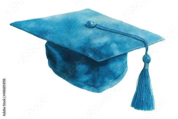 Obraz blue graduation cap with tassel on white background, watercolor Generative AI. High quality