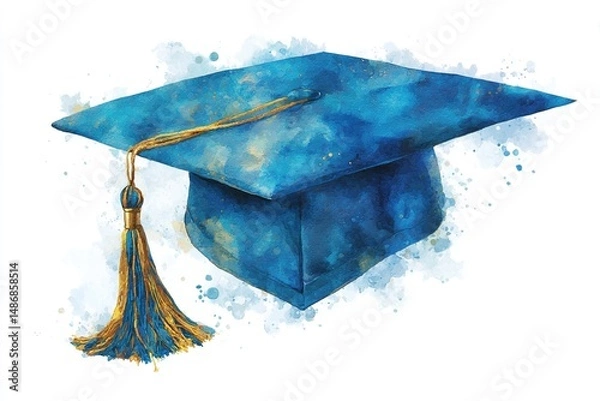 Obraz blue graduation cap with tassel on white background, watercolor Generative AI. High quality
