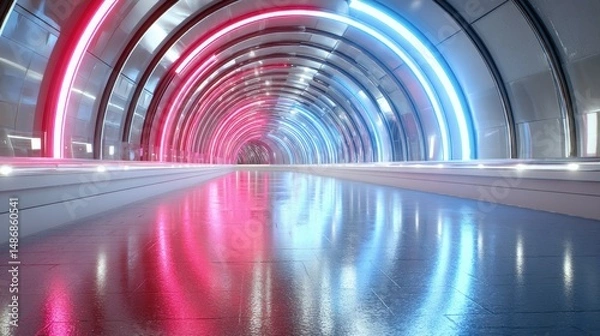Obraz Futuristic neon tunnel with metallic ribs, glowing blue and red lights, reflective floor, sci fi mood