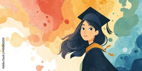 Obraz Graduated girl in mantle and graduation cap on background of rainbow splashes. Vector illustration. High quality