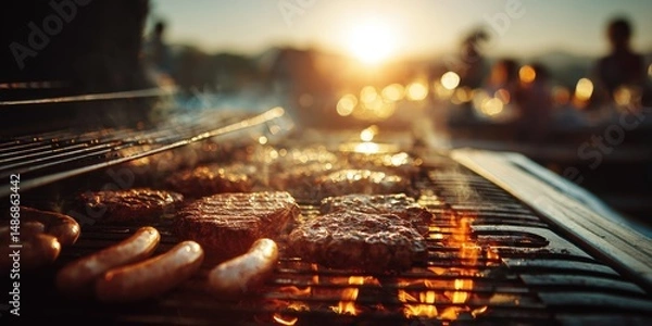 Fototapeta A barbecue grill sizzling with meats as the sun sets, casting a golden glow over an outdoor gathering. 