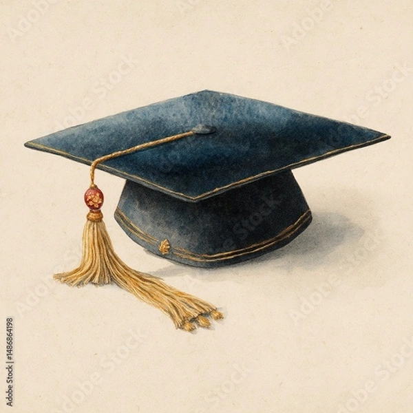 Obraz Graduation hat, elegant watercolor illustration, success achievement symbol. High quality
