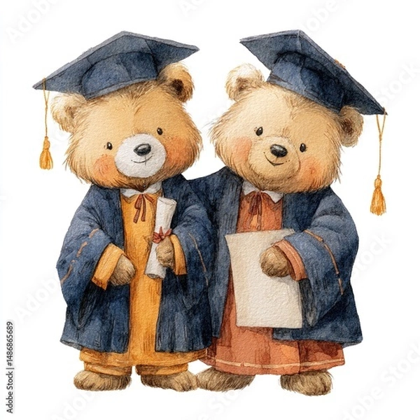 Obraz Watercolor of two cute teddy bears in graduation gowns and caps holding paws and diploma, Isolated on transparent background. High quality