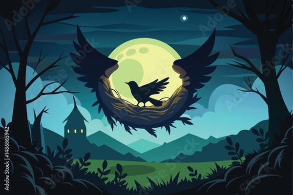 Obraz Silhouette of a Phoenix Nest Glowing under the Moonlit Sky