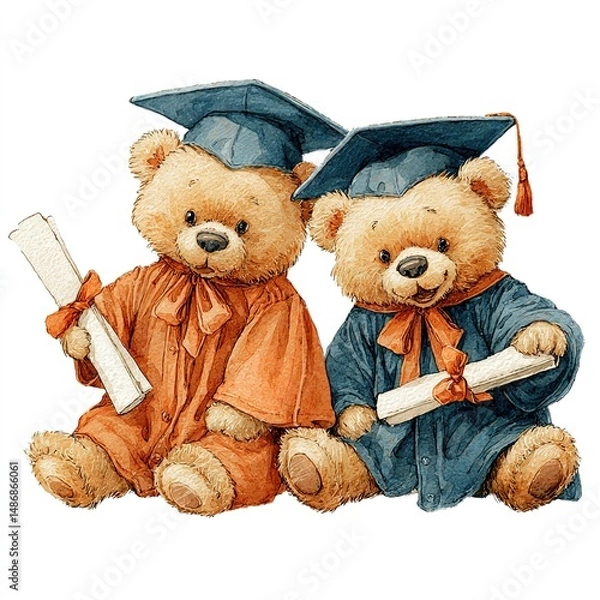 Obraz Watercolor of two cute teddy bears in graduation gowns and caps holding paws and diploma, Isolated on transparent background. High quality