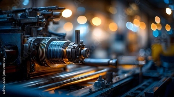 Obraz Industrial printing press running in warm-lit factory environment, showcasing detailed mechanical components and large machinery structure with soft bokeh background and clean manufacturing layout