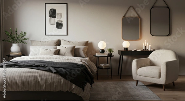 Fototapeta  Cozy Bedroom Oasis: Modern Interior with Beige Tones, Stylish Decor, and Relaxing Ambiance | Bedroom Interior Design