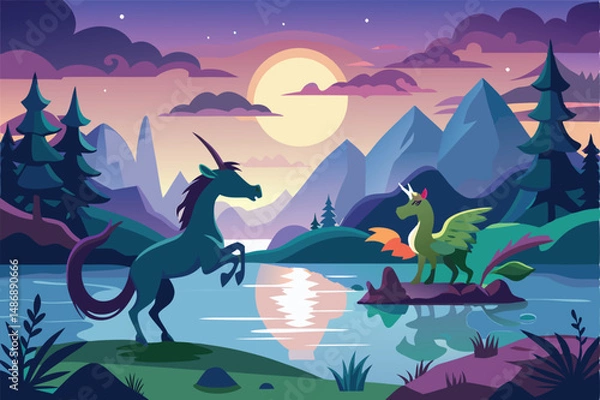 Fototapeta Mystical Playtime in the Shadows: A Unicorn and a Dragon Silhouetted Under Moonlight