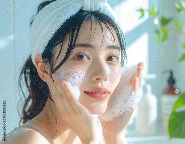 Obraz クリーミーな泡で洗顔をしている日本人女性
