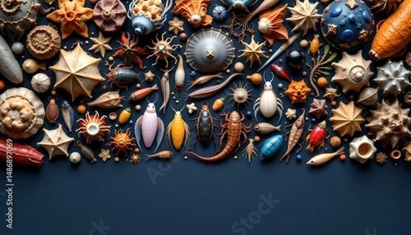 Fototapeta An assortment of beautifully arranged sea shells collected from the pristine ocean shoreline