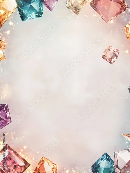 Fototapeta A dreamy, pastel background is adorned with colorful gemstones, creating a luxurious and enchanting scene.  Perfect for design projects needing a touch of sparkle!