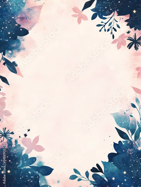 Fototapeta Dreamy floral border design with a soft pink and blue watercolor background. Perfect for invitations, cards, or social media posts.