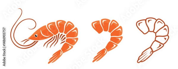Fototapeta Shrimp icon set. Fresh shrimp. Collection of shrimps without shell, shrimp meat. With and without outline. Vector isolated on white background. Vector illustration.eps