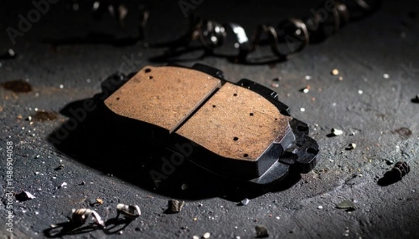 Fototapeta Close-up shot of worn brake pads with metallic debris on a dark surface. The pads show signs of wear and damage, with visible texture and color variation.