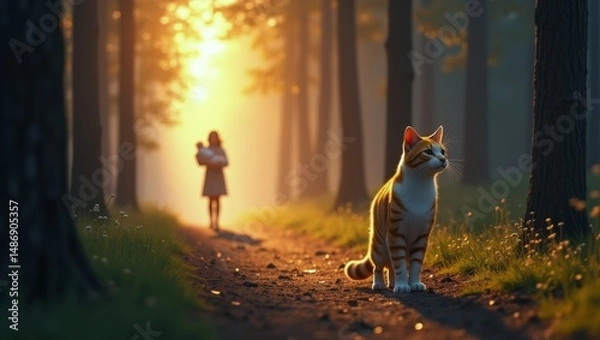 Fototapeta Serene woodland scene with a curious tiger kitten and warm sunset glow