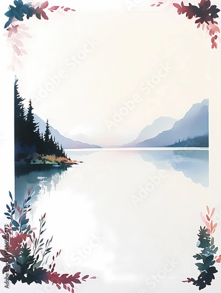 Fototapeta Serene landscape painting featuring a tranquil lake surrounded by mountains and framed by delicate floral elements. Peaceful and dreamy.