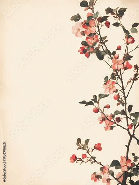 Fototapeta Delicate pink blossoms on a branch against a creamy backdrop. A gentle, romantic image perfect for spring or wedding themes.