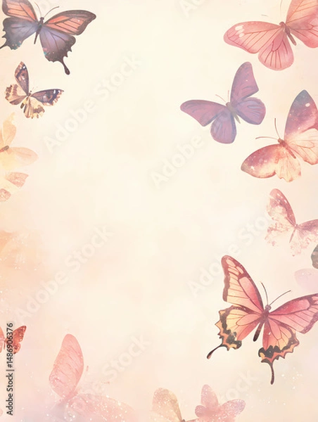 Fototapeta Pastel-colored butterflies flutter on a soft, dreamy background, creating a serene and whimsical scene.