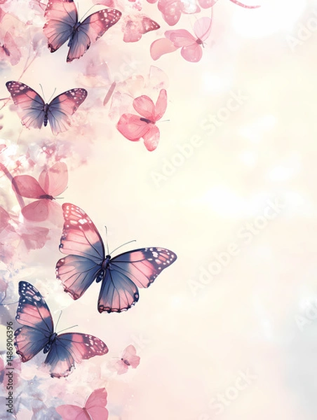Fototapeta Pink and purple butterflies flutter amidst a soft, dreamy floral backdrop. A delicate and enchanting scene.