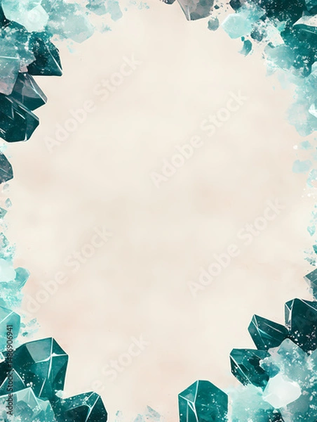 Fototapeta Teal crystals frame a soft beige background. Elegant and ethereal, this design is perfect for invitations, cards, or websites.