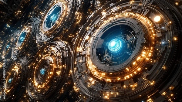Obraz Intricate, glowing, mechanical system of interconnected gears and lenses