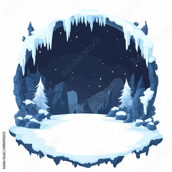 Fototapeta Enchanted winter scene: A whimsical illustration of a snowy landscape under a starry night sky, nestled within an icy cave.