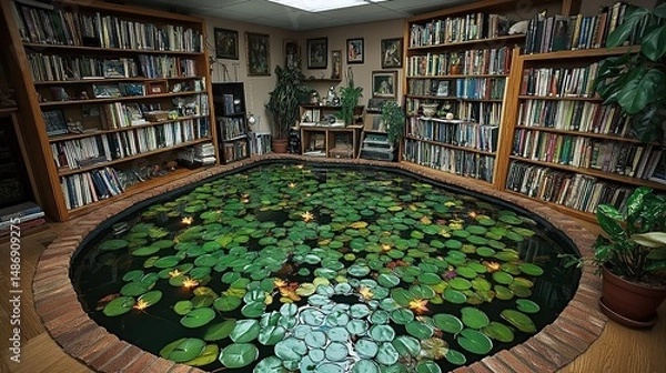Obraz A circular indoor pond nestled within a room filled with bookshelves, showcasing water lilies and ambient lighting