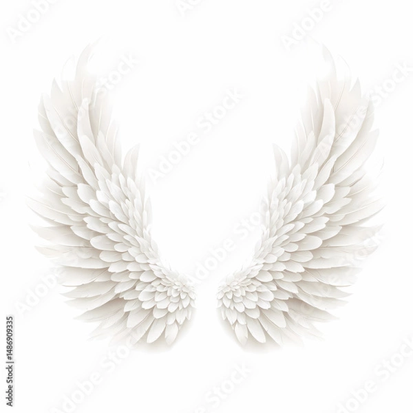 Fototapeta Pair of elegant, white angel wings on a pure white background.  Perfect for design projects needing a touch of ethereal beauty.