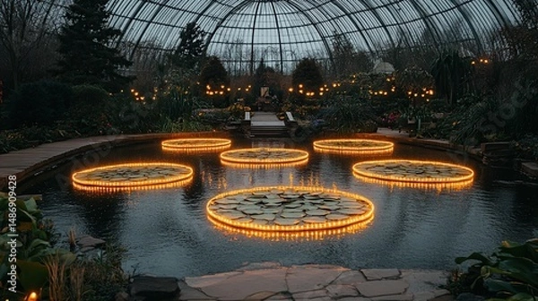 Obraz Illuminated lily pads in a winter conservatory